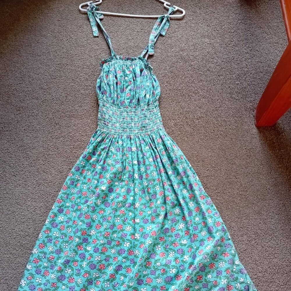 Vintage 1940s smocked mint turquoise floral cotton tie strap summer dress/ XS